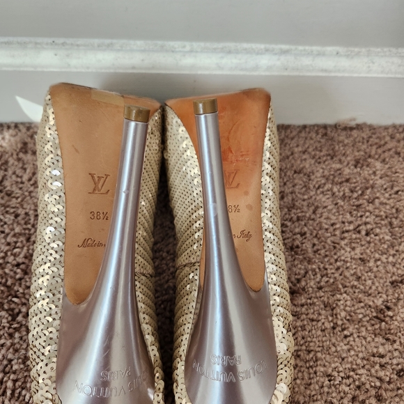 LOUIS VUITTON Beige Sequin Sanaga Open Toe Pumps Size 8.5/38.5 Authentic - Picture 8 of 14